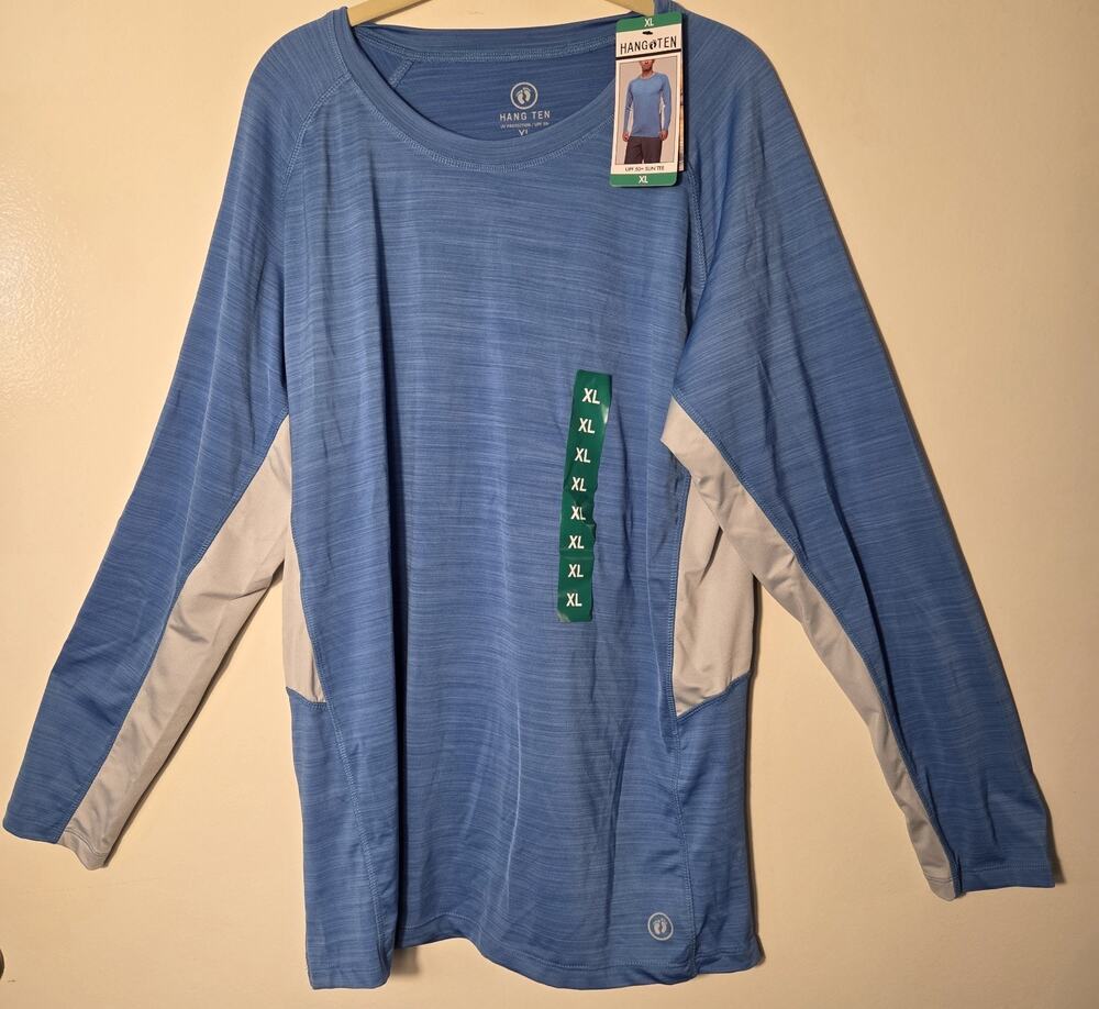 Hang Ten Mens XL Sun Shirt Long Sleeve Back Zip Pocket 50 UPF Light Blue New